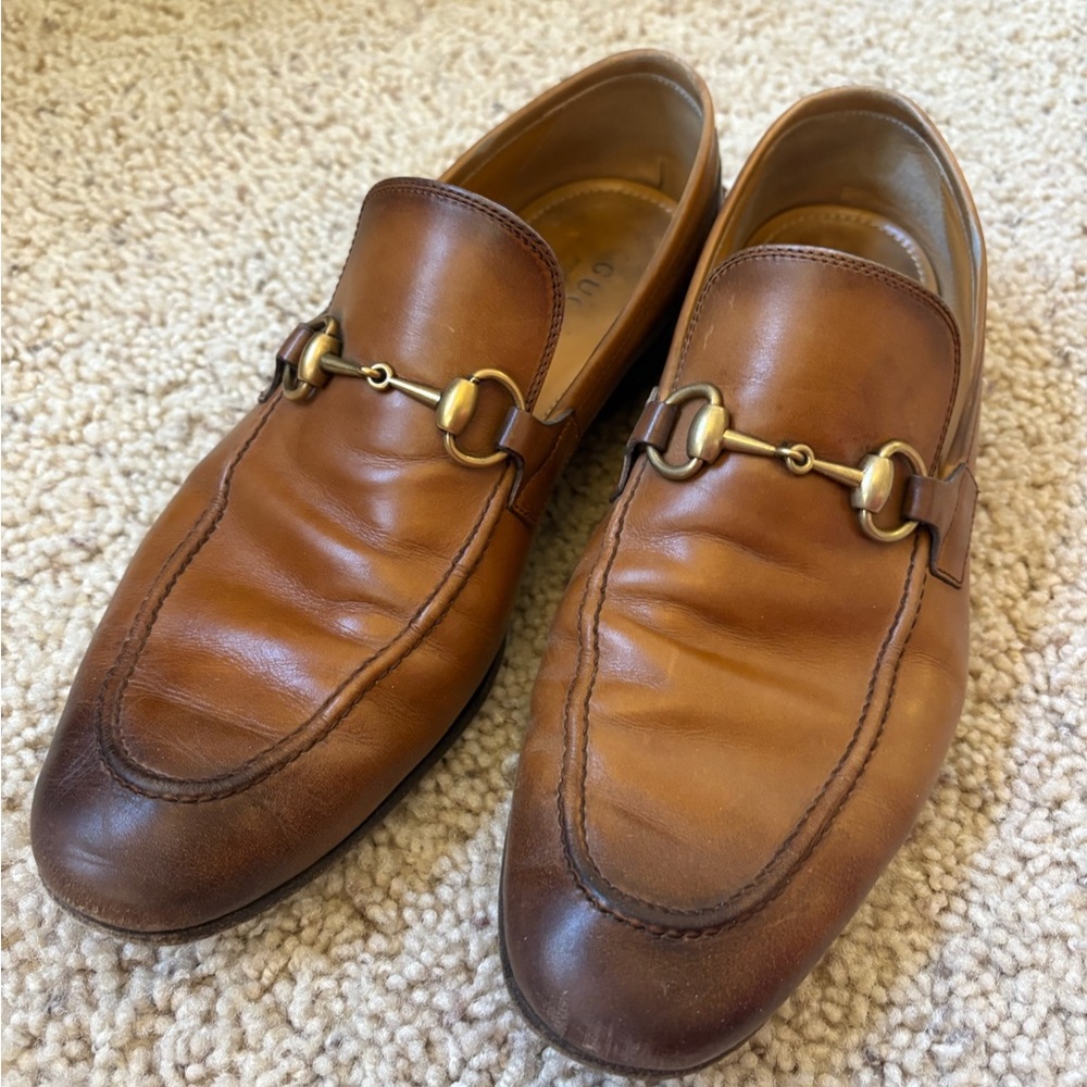 Gucci Tan Brown Leather Slip-On Loafers with Gold Hardware